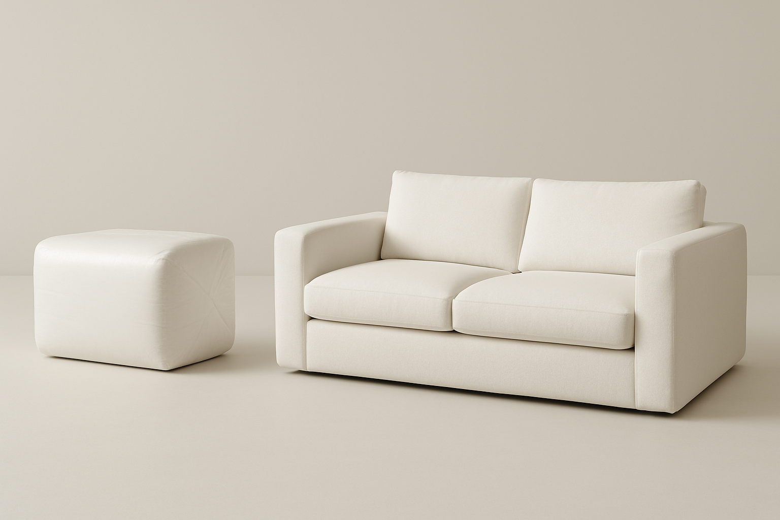 compression foam sofa compressed and decompressed in white without legs and with arm rests