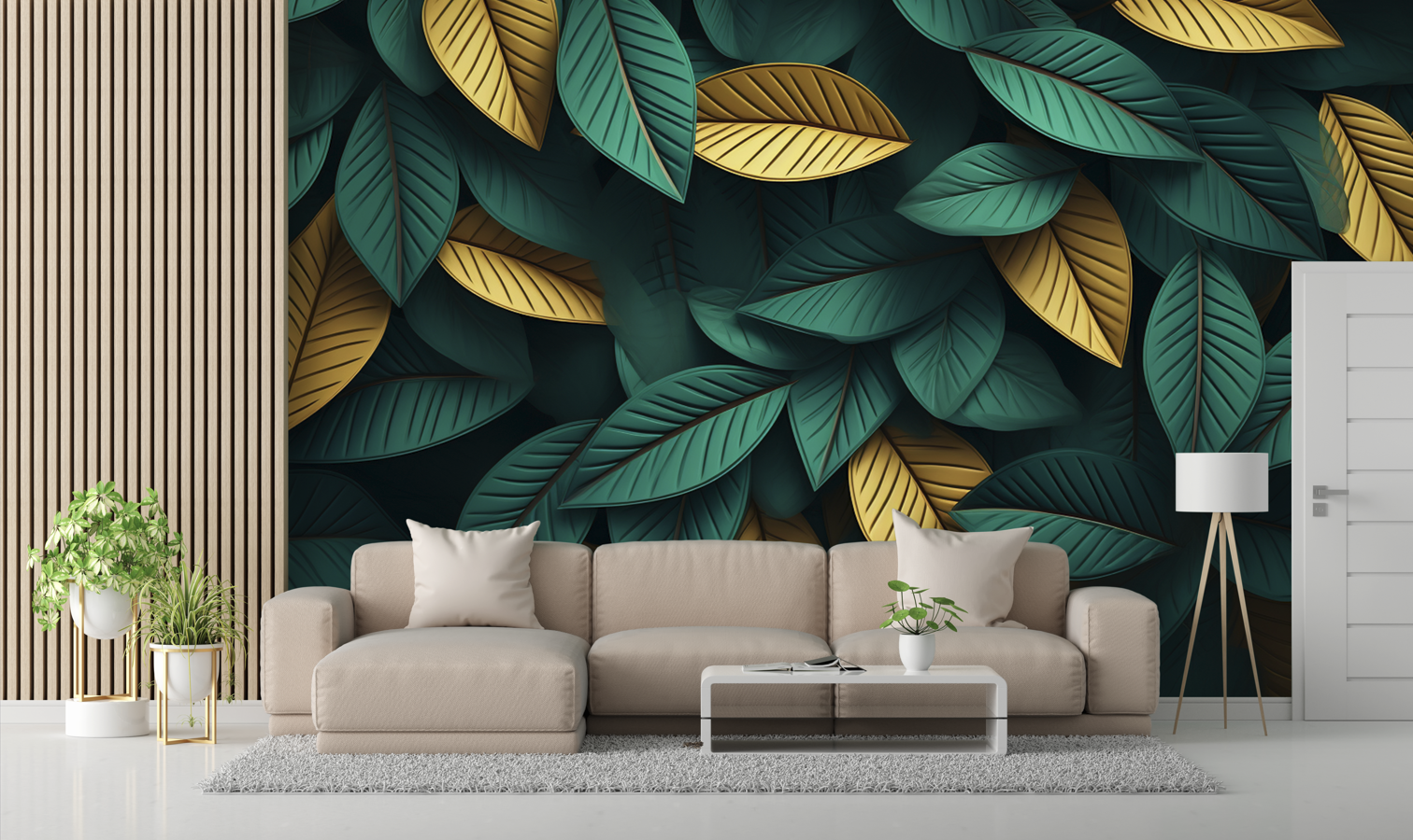 Gold & Green Leaf Wallpaper
