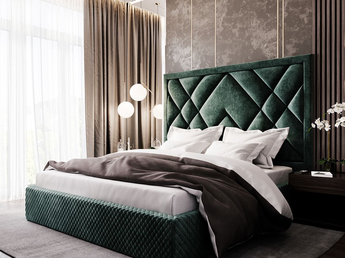 Emerald Green Diamond Shape Headboard & Base Set