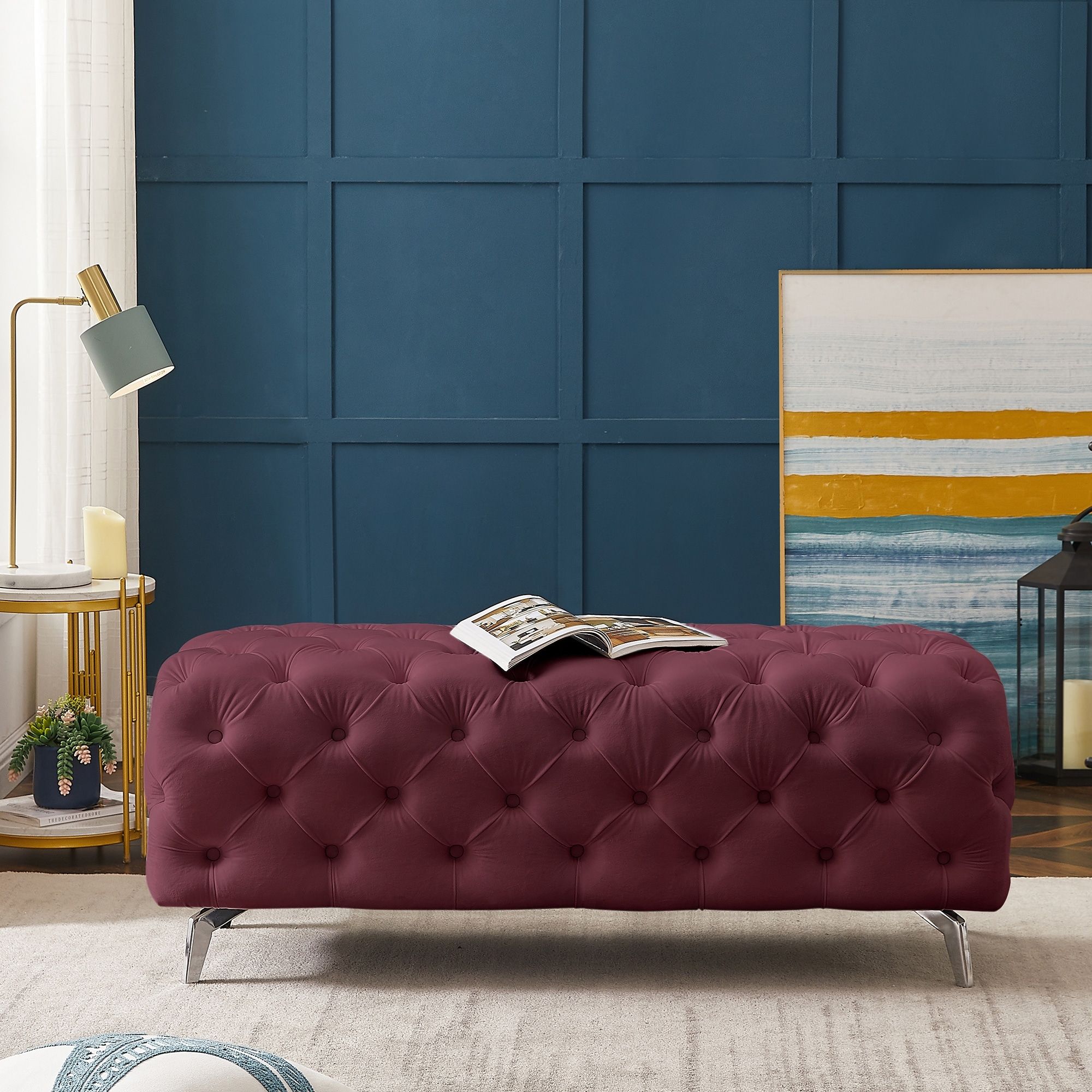 Maroon Velvet Tufted Ottoman