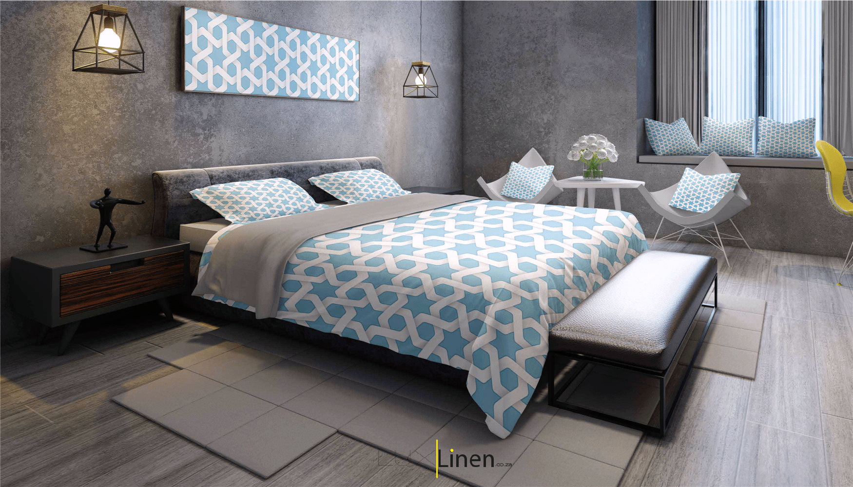 Blue Patterned & Grey Bedding Set
